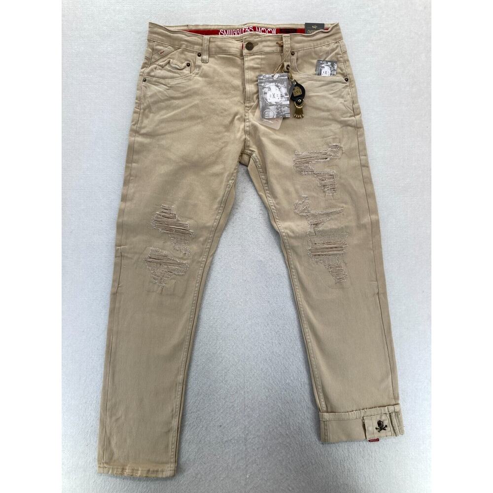 Smugglers Moon Jeans Mens 40x33 Khaki Beige Denim Button Fly Roll Up Distressed‎